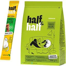 Набір Half & Half для котів із чутливим травленням: корм сухий з індичкою 300 г + ласощі м'ясні палички з індичкою 5 г
