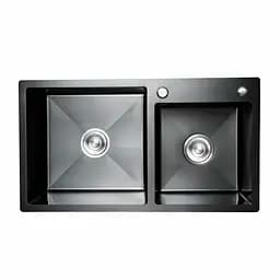 Кухонна мийка 78x43 PVD чорна на дві чаші Platinum Handmade HDB (круглий сифон, 3.0/0.8), Чорний