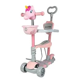 Дитячий триколісний самокат 5 в 1 з підсвічуванням, кошиком та батьківською ручкою Galaktika Єдиноріг Рожевий