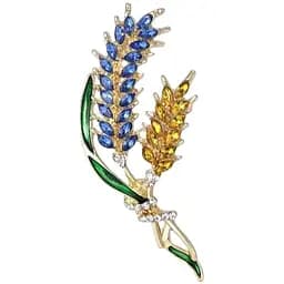 Брошь-булавка колоски пшеницы 6.2 x 2.7 см со стразами Желто-Голубая