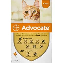 Краплі від паразитів Elanco (Bayer) Advocate для кішок до 4 кг 1.2 мл (0.4 мл x 3 піпетки)