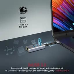 Концентратор Promate USB Hub 4 ports gigahub-c.grey (gigahub-c.grey) - мініатюра 2
