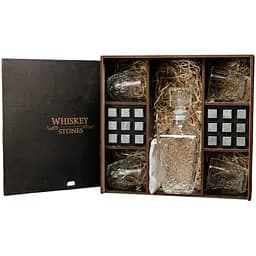 Подарунковий набір Whiskey Stones камені для віскі в дерев'яному пеналі №8 + декантер і 4 склянки Rocco Dedalo + щипці + мішечок