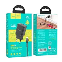 Адаптер мережевий HOCO Lightning Cable Maker dual port charger set N25 комплект 2 USB чорний - мініатюра 5