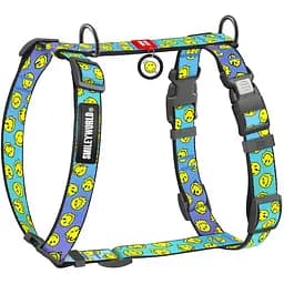 Шлея для собак Waudog Nylon анатомічна H-подібна з QR-паспортом, малюнок "Смайли на блакитному", пластиковий фастекс, S