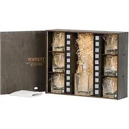 Подарунковий набір Whiskey Stones камені для віскі в дерев'яному пеналі №6 + декантер і 6 склянок Pasabahce + щипці + мішечок