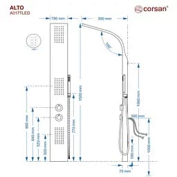 Душова панель Corsan Alto white LED з термостатом A017TWHLED, Хром - мініатюра 2