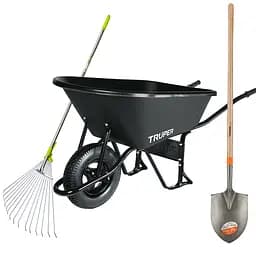 Тачка садова Truper одноколісна з пластиковим коритом 120 л чорна з лопатою і граблями (CAT-60PLSPEC)