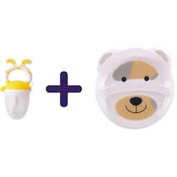 Набор: Ниблер силиконовый Baby Team, желтый (6203 желтый) + Тарелка секционная Baby Team Кот, 120 мл, белый (6000_пес_белый)