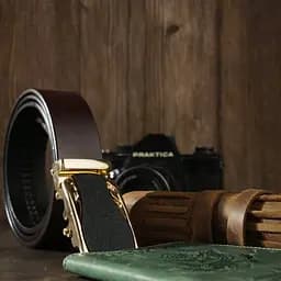 Ремінь чоловічий із золотистою пряжкою автомат 20323 Vintage коричневий 105-120 см - мініатюра 5