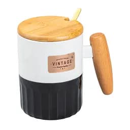 Чашка порцелянова 400 мл Vintage з бамбуковою кришкою та ложкою, чорний з білим Happy Life HP7204B - мініатюра 13