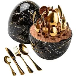 Набор столовых приборов TS Kitchen Черный мрамор на 6 персон из нержавеющей стали золотые 24 штуки в яйце