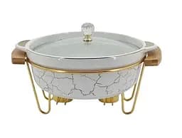 Мармит круглый 2 литра настольный с 2 подогревами для блюд керамический на металлической подставке с крышкой Белый с золотым