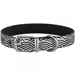 Ошейник для собак BronzeDog Barksi Classic Волна кожаный одинарный с серебряным тиснением 23-30х1.2 см черный