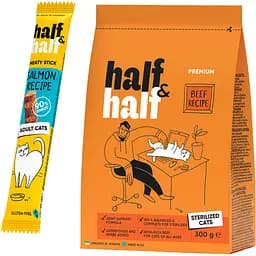 Набір Half & Half для стерилізованих котів: корм сухий з яловичиною 300 г + ласощі м'ясні палички з лососем 5 г
