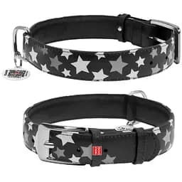 Нашийник для собак Waudog Glamour шкіряний з QR паспортом, візерунок Зірочка, світиться/світловідбиваючий, L, Ш 35 мм, Дов 46-60 см (4823089301402)