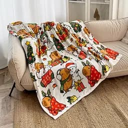 Плед Love You Капибарки и снеговики 150x200 см велсофт молочный с принтом (9118)