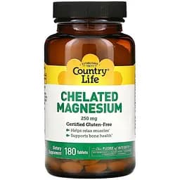 Магній у хелатній формі Country Life Chelated Magnesium 250 mg, 180 таблеток для розслаблення м'язів і здоров'я кісток