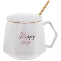 Кухоль порцеляновий BonaDi Coffee Prelude Happy Day 420 мл з кришкою та ложкою білий (984-203З)
