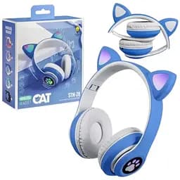 Беспроводные детские наушники Cat Ear STN-28 Bluetooth с кошачьими ушками светящимися синие