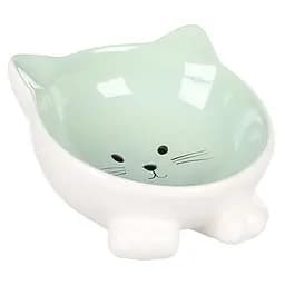 Керамічна миска Flamingo Puzi 125 мл для котів із похилим дизайном, світло-зелена та біла