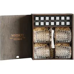 Подарунковий набір Whiskey Stones камені для віскі в дерев'яному пеналі №4 + 4 склянки Bohemia Diamond + щипці + мішечок