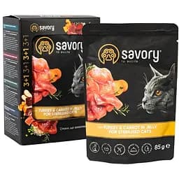 Уцінка. Набір вологих кормів Savory 3+1 для стерилізованих котів, індичка з морквою в желе 340 г (4 шт. х 85 г)  - мініатюра 2