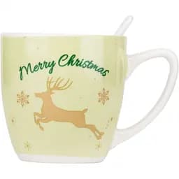 Новорічна чашка Elisey 9150-002 Merry Christmas керамічна з ложкою 175 мл Зелена