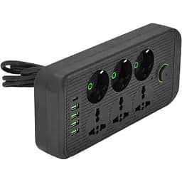 Мережевий фільтр подовжувач Voltronic F0-7U 6 розеток (3EU+3Universal)+4USB+1PD 2 м 3х0.75 мм 2500W Black