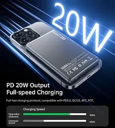 УМБ Choetech Magnetic Wireless 5000mAh 20W PD Qi-15W USB-C In/Out, тонкий, чорний - мініатюра 6