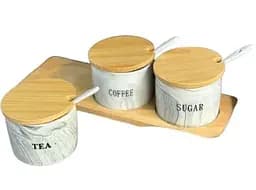 Набір банок 3 шт з кришками та ложками з  бамбуковим підносом для зберігання сипучих 300 мл Сірий