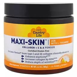 Колаген + Вітаміни С&А з теаніном у порошку  Country Life Maxi-Skin 100 г