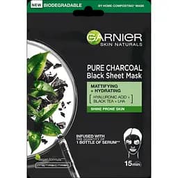 Чорна тканинна маска Garnier Skin Naturals Очищаюче Вугілля і Листя Чорного чаю, 28 г (C5934500)