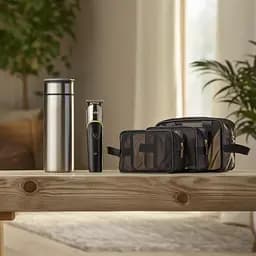 Подарунковий набір: бездротова машинка для стрижки з насадками + термос 530 мл з дисплеєм + прозорі косметички ПВХ (3 шт.) CP2026-21