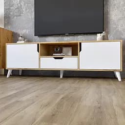 Тумба під телевізор з білими ніжками М-ЗОН Борн 1600 Дуб Артизан/Німфея Альба (білий) (MZN-031079)