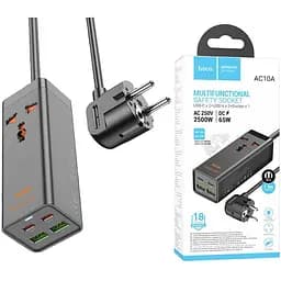 Мережевий фільтр подовжувач Hoco AC-10A 1x220V+2хUSB+ 2хType-C 65W 1.5м 220В Black
