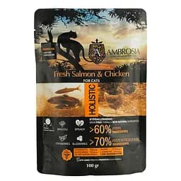 Сухой корм Ambrosia Grain Free для стерилизованных кошек со свежим лососем и курицей 100 г