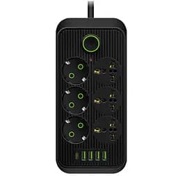 Сетевой фильтр-удлинитель Voltronic F06U, 6 розеток EU+4xUSB+1PD, 2м, 3х0,75мм, 2500W, Black