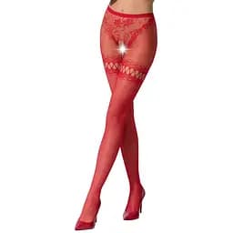 Еротичні колготки-бодістокінг Passion S015 red імітація панчох у сіточку та трусиків з доступом S/M/L