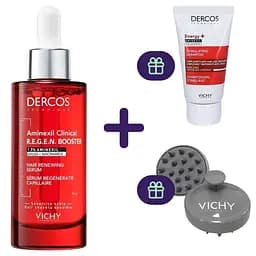 Набір Vichy: Сироватка Dercos Aminexil Clinical Regen Booster для відновлення густоти та боротьби з випадінням волосся 90 мл + шампунь проти випадання волосся Dercos Energy 50 мл + масажний гребінець для миття волосся   