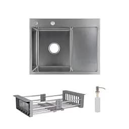 Кухонна мийка Lidz Handmade H6350R інтегрована крило зправа Brushed у комплекті з дозатором та корзиною, Нержавіюча сталь