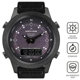 Чоловічий водостійкий тактичний наручний годинник North Edge Solar Compass (Чорний) - мініатюра 3