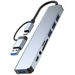 Концентратор Dynamode USB-C/A 8-in-1 1xUSB-C + 1xUSB 3.0 + 3xUSB 2.0 + 3.5mm audio + SD/TF silver (BYL-2218TU)