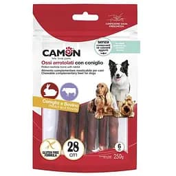 Ласощі для собак Camon Рулетики з яловичої шкіри обмотані кроликом 250гр