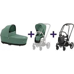 Люлька Cybex Priam Lux Leaf Green + Текстиль для прогулянкового блоку Cybex Priam Leaf Green + Шасі Cybex Priam з каркасом LS RBA Rosegold