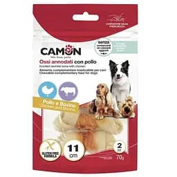 Ласощі Camon для собак, кістка вузлова з яловичої шкіри, обмотана куркою, 11см