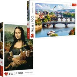 Набор Пазлы - (500 + 500 элм.) - "Прага, Чехия" + "Мона Лиза и дремлющий котенок"
