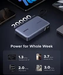 УМБ Ugreen 20000mAh 145W PD3.1.QC, USB-A,USB-С IN/OUT, with built in USB-C cable (PB551) Gray - мініатюра 8