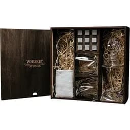 Подарочный набор виски Whiskey Stones с камнями для виски в деревянном пенале №3 + декантер и 2 стакана + щипцы + мешочек