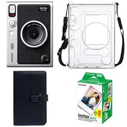Подарунковий набір камера Fujifilm Instax Mini EVO, Фотопапір 20 шт, Прозорий чохол, Фотоальбом 108 фото Чорний